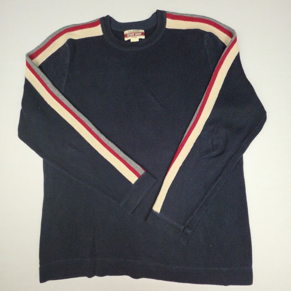 Vinatge Eddie Bauer Sport Shop Crewneck Sweater Mens L Navy Racing Stripe Cotton